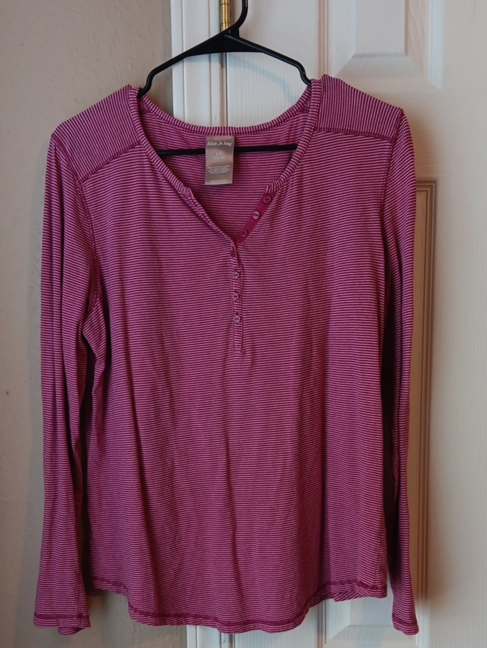 White Stag Long-Sleeve Henley Top. Dark Pink Striped, Soft, and Comfortable.